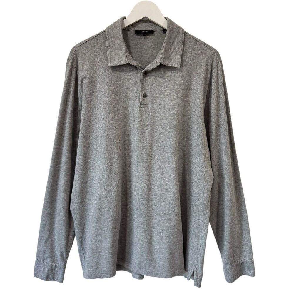 Vince Pima Cotton Long Sleeve Polo Shirt Men Large Grey Stretch Casual Preppy